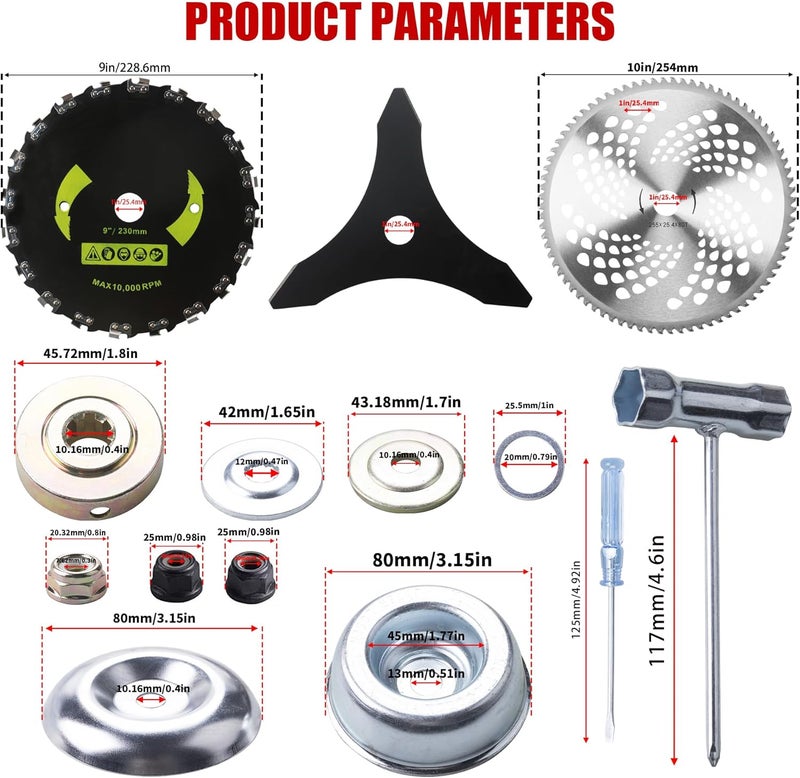 Azushwer 9"x20T Brush Blades Carbon Steel Round Chainsaw, 10"x3T Cutter Weed Eater Blades, 10"x80T Carbide Tip Blades- Adapter Kit with 3 Round Files, Compatible With Trimmer Weed Eater Husqvarna Stihl Ego - Image 2